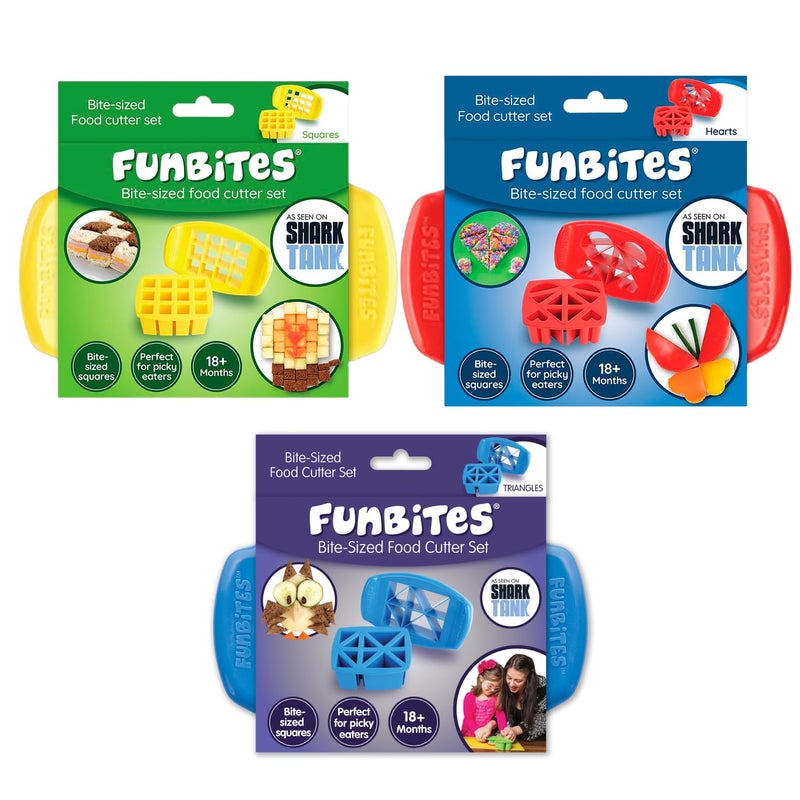 FUNBITES Sandwich Cutter for Kids Lunch, Mini Cookie Cutters, Bento Box Accessories, Cut Food into Bite-Size Shapes for Toddlers, Great for picky eaters - Yellow Squares/Red Hearts/Blue Triangles 3pk - Image 1